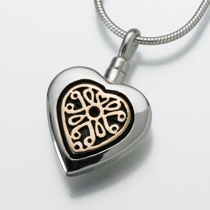 Heart Cremation Pendant with Filigree Insert, Sterling silver with gold, 161SK