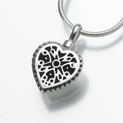 Small Filigree Heart Cremation Pendant, white gold, 158WG