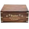 Over sized rosewood pet cremation urn, front engraving, gold fill