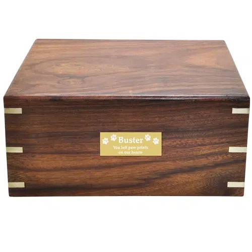 Over sized rosewood pet cremation urn, front plate