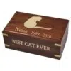 Small rosewood cat urn with engraved front and silhouette, gold fill