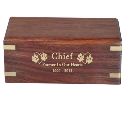 Small rosewood urn with engraved wood front, gold fill