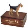 Airedale Figurine Cremation urn, large, with engraved wood, gold fill