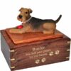 Airedale Figurine Cremation urn, large, with engraved wood, gold fill