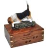 Beagle dog cremation urn, large, with engraved wood