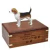 Beagle figurine cremation urn, with engraved wood