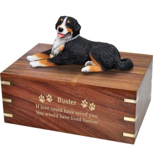 Bernese Mountain Dog Cremation Urn, large, DFL61, with wood engraving, gold fill
