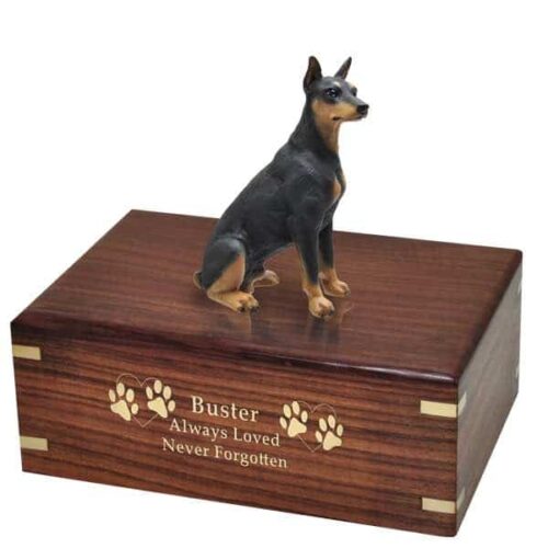 Black Doberman Pinscher Cremation Urn, with engraved plate, engraved wood, gold fill, DF25A