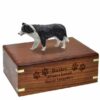 Border Collie Figurine Cremation urn, with engraved wood