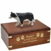 Border Collie Figurine Cremation urn, with engraved wood, gold fill