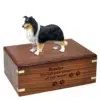 Tricolor Border Collie Cremation Urn with engraved wood