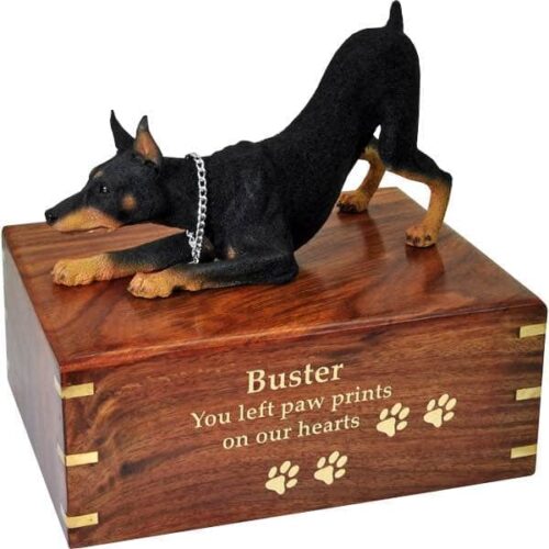 Doberman Pinscher Cremation Urn, with wood engraving, gold fill, DFL25A