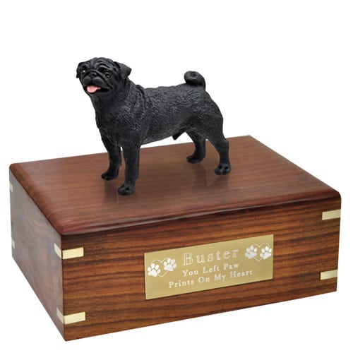 Black Pug Cremation Urn with engraved plaque, medium