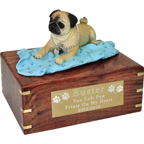 Fawn Pug on blanket Cremation Urn with engraved plaque, large