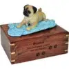 Fawn Pug on blanket Cremation Urn with engraved wood, large