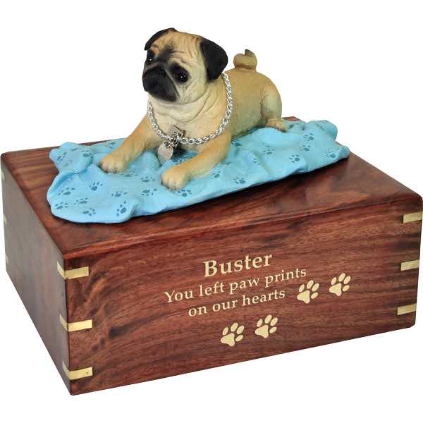 Fawn Pug on blanket Cremation Urn with engraved wood, large, gold fill