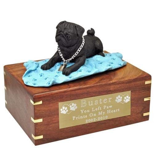 Black Pug on blanket Cremation Urn with engraved plaque, large