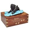 Black Pug on blanket Cremation Urn with engraved wood, gold fill, large