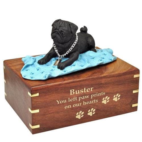 Black Pug on blanket Cremation Urn with engraved wood, gold fill, large