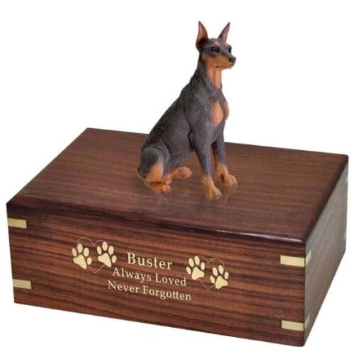 DF25B Red Doberman Pinscher Cremation Urn, with engraved wood, gold fill