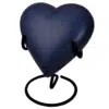 Engraved brass heart cremation urn, blue nightfall, with stand