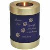 Blue nightfall brass candle holder cremation urn, engraved with paw print clip art