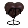 Engraved brass heart cremation urn, espresso brown, with stand