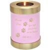 Pink brass candle holder cremation urn, engraved with paw print clip art