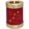 Scarlet brass candle holder cremation urn, engraved with paw print clip art