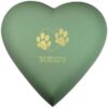 Engraved brass heart cremation urn, sage green