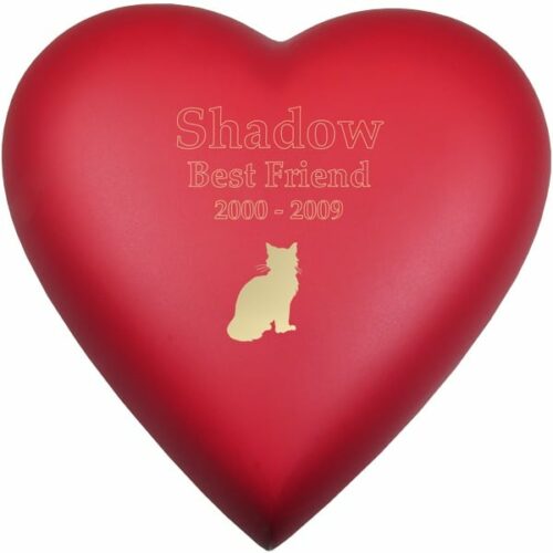 Engraved brass heart cremation urn, red scarlet, cat engraving