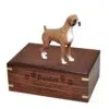 Boxer figurine cremation urn, uncropped ears, engraved wood urn