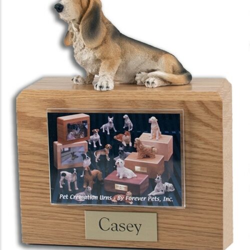 Hardwood photo hold urn with Basset Hound dog figurine on top