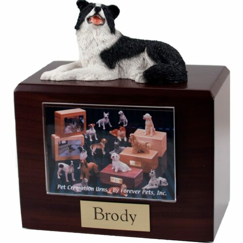 Laying Border Collie figurine photo cremation urn