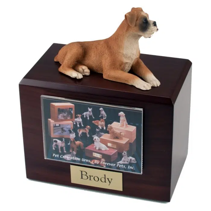 Laying Fawn Boxer figurine photo cremation urn