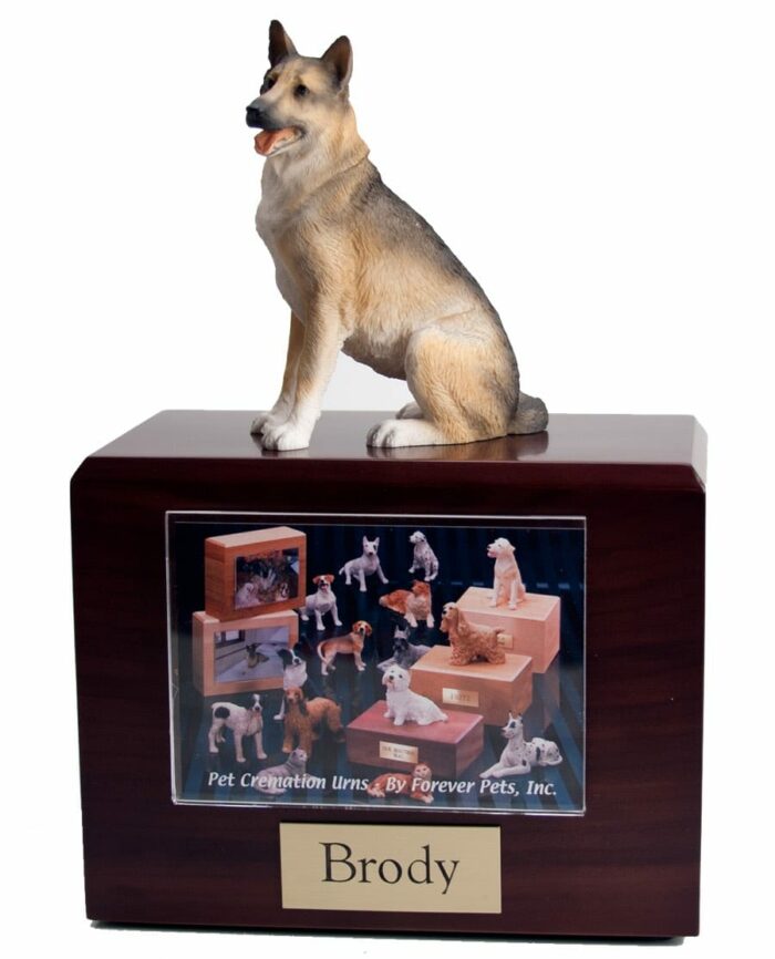 Sitting German Shepherd photo hold figurine wood cremation urn