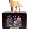 Standing Golden Retriever dog figurine atop wood photo holder cremation urn