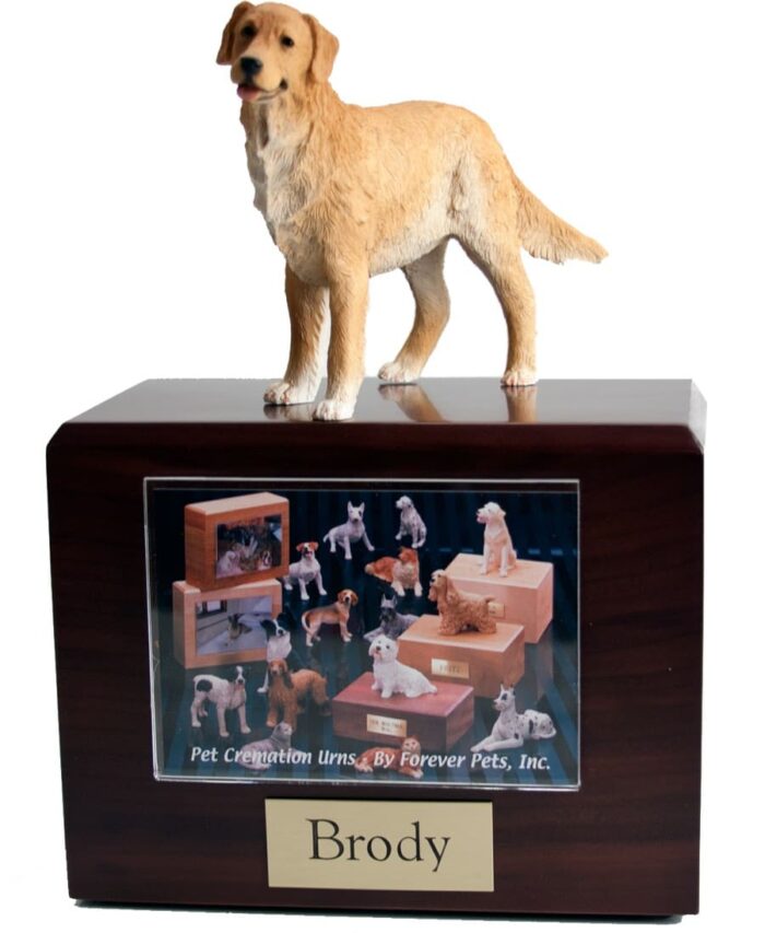 Standing Golden Retriever dog figurine atop wood photo holder cremation urn