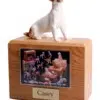 Jack Russel Terrier figurine on wood cremation urn with photo holder