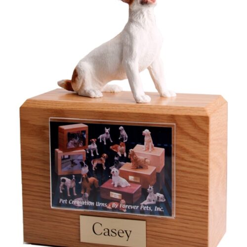 Jack Russel Terrier figurine on wood cremation urn with photo holder