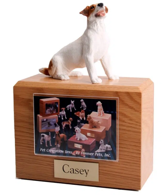 Jack Russel Terrier figurine on wood cremation urn with photo holder