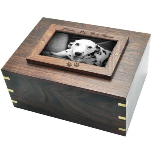 Rosewood photo frame cremation urn, with engraved frame