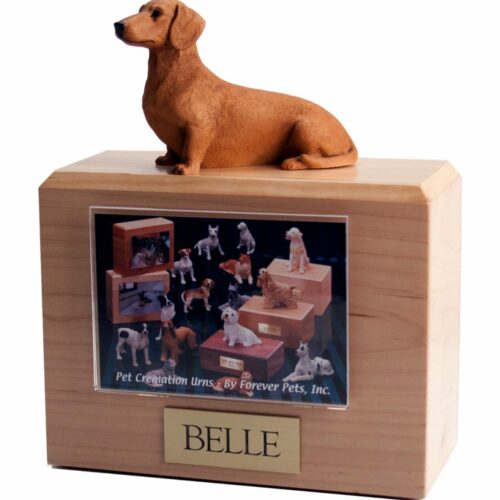 Sitting Red Dachshund figurine atop hardwood urn with photo holder