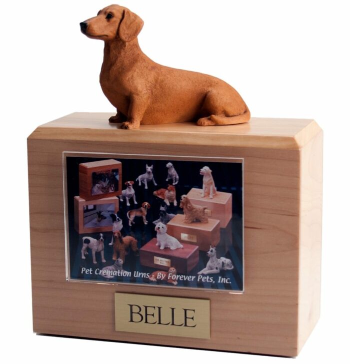 Sitting Red Dachshund figurine atop hardwood urn with photo holder