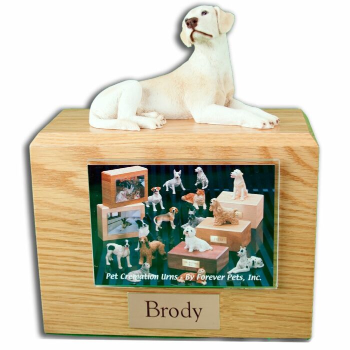 Laying Yellow Labrador Retriever figurine on wood cremation urn with photo holder 150