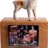 Hardwood photo hold urn with Brittany dog figurine on top