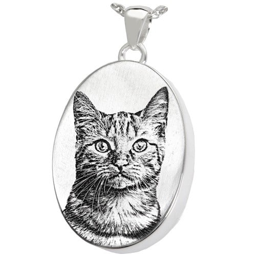 Oval photo print pendant, sterling silver, with cat photo engraved, chamber style