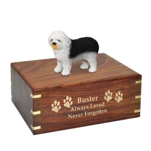 Old English Sheepdog dog figurine cremation memorial urn, engraved wood, gold fill