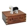 Old English Sheepdog dog figurine cremation memorial urn, engraved wood