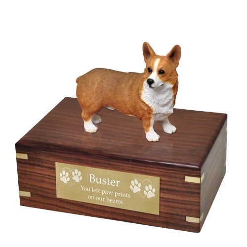 Pembroke Welsh Corgi dog figurine cremation memorial urn, engraved plaque